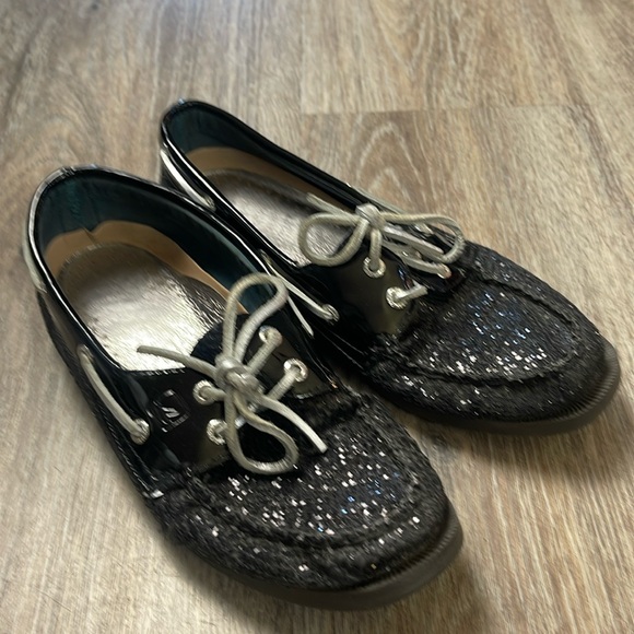 Sperry Black Sparkly Top- Siders/Boat Shoes Size 6.5 - Picture 4 of 15